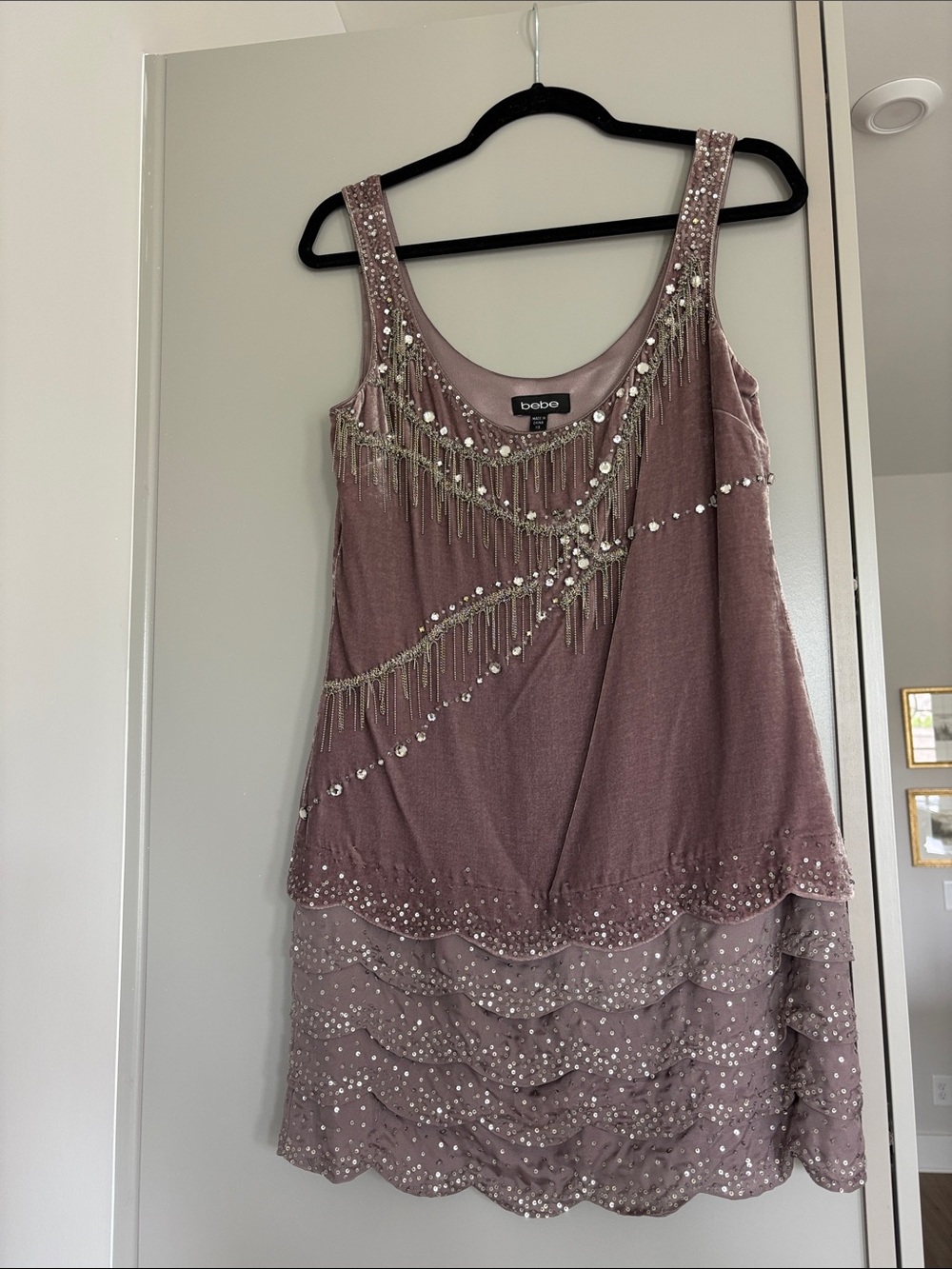 bebe Rose-Mauve Sequin Fringe Mini Dress